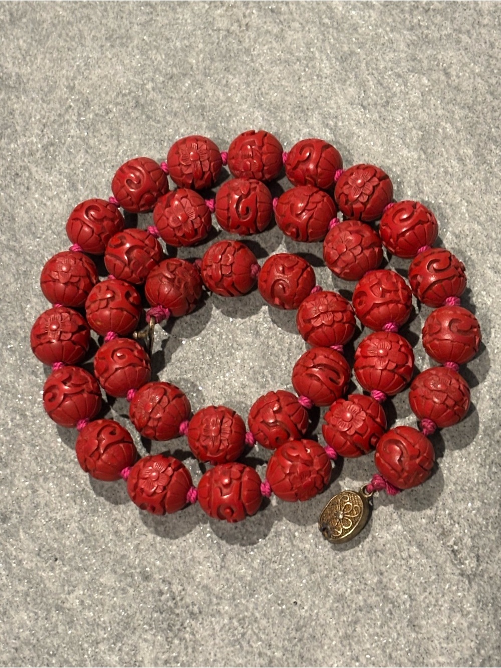 CINNABAR Carved Chinese Export Red 14mm Bead Necklace 25” Women Vintage Jewelry